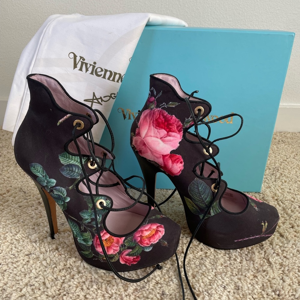 Vivienne Westwood Scarlet Floral Lace-up High Heel Pumps - Picture 3 of 10